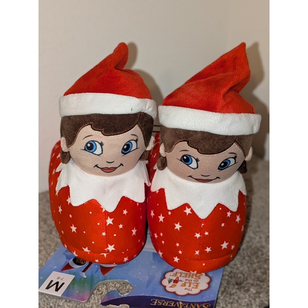 Elf on the Shelf Plush Slippers‎ Red White Stars Size M 7-8 Cozy Holiday NEW